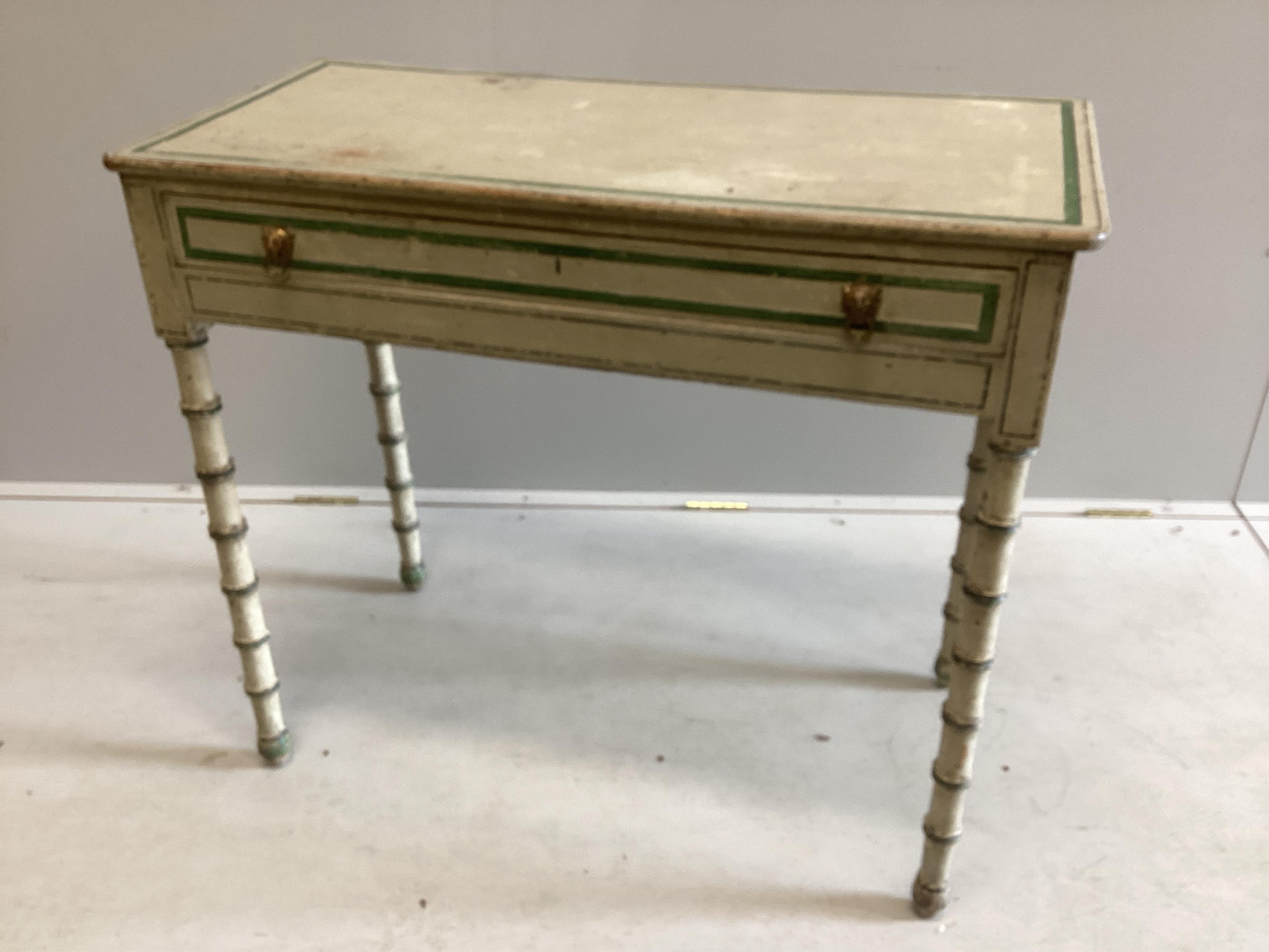 A Regency and later painted simulated bamboo side table in the manner of Colefax and Fowler, width 91cm, depth 44cm, height 78cm. Condition - fair